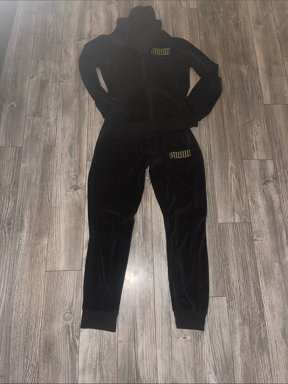 Puma Black Velour Track Jogger Set with Gold Logo